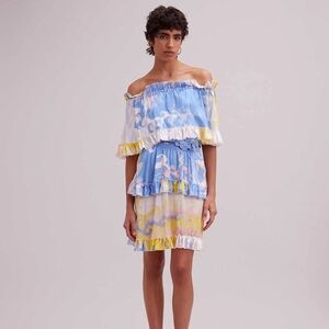 Anne Fontaine Ceramic Silk Watercolor Off the Shoulder Ruffle Mini Dress